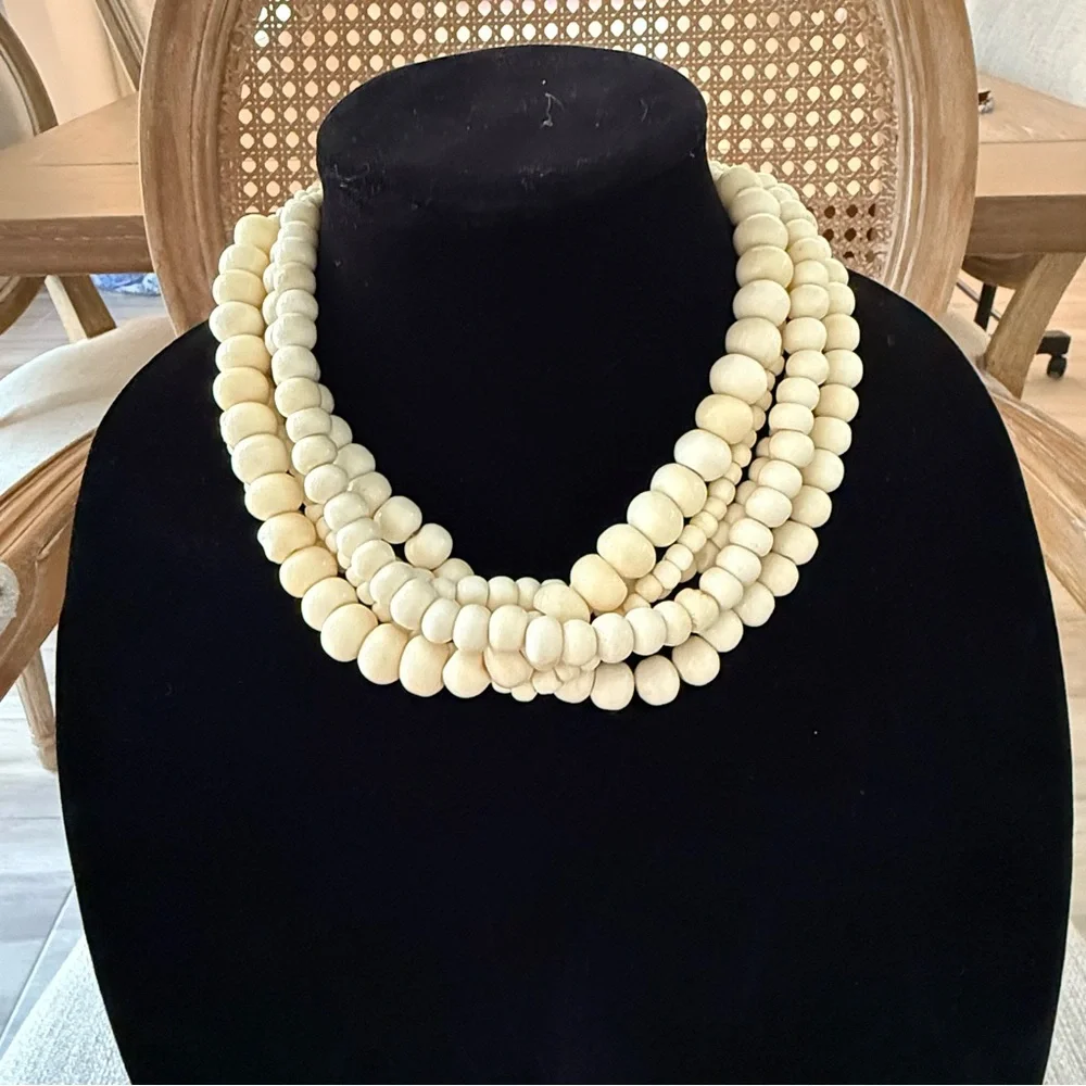 Cream Beaded Chunky Statement Multi-Strand Necklace - Picture 2 of 4